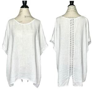 Terzo Millennio | Women | 100% Linen Lagenlook White Lace Relaxed Tunic Top | 2X